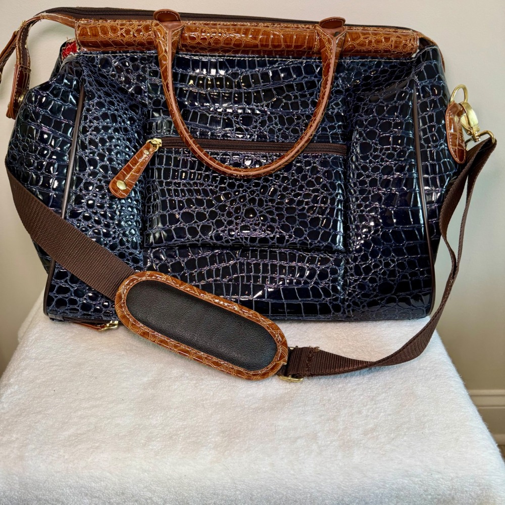 Samantha Brown Navy Brown Croc Embossed Patent Satchel Dowel Travel Bag - Picture 2 of 5